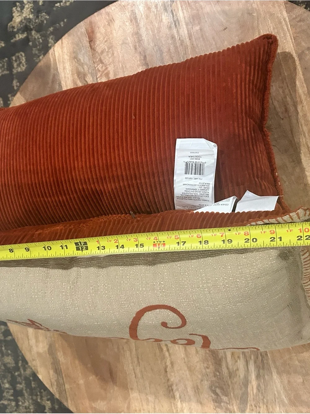 2-Beige/Burnt Orange Embroidered 'Together' Accent Pillows w/ Corduroy Backing